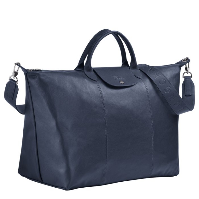 Men's Longchamp Le Pliage Cuir L Travel Bags Navy | UAE-8417KW