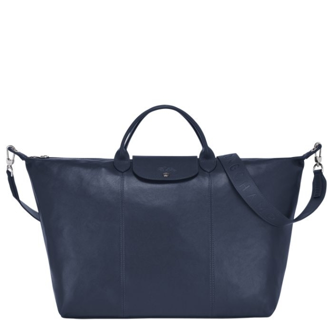 Women\'s Longchamp Le Pliage Cuir L Travel Bags Navy | UAE-9301FL