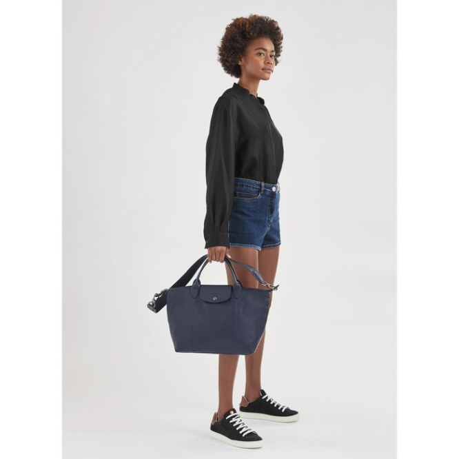 Women's Longchamp Le Pliage Cuir M Top-handle Bags Navy | UAE-0128LM