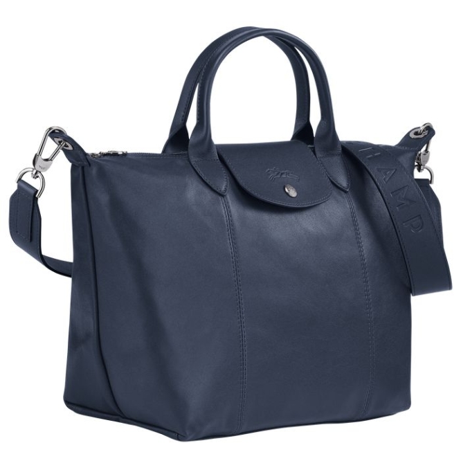 Women's Longchamp Le Pliage Cuir M Top-handle Bags Navy | UAE-0128LM