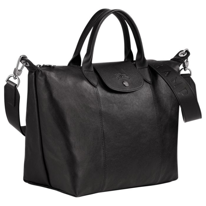 Women's Longchamp Le Pliage Cuir M Top-handle Bags Black | UAE-3895QV