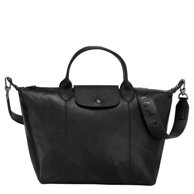 Women\'s Longchamp Le Pliage Cuir M Top-handle Bags Black | UAE-3895QV