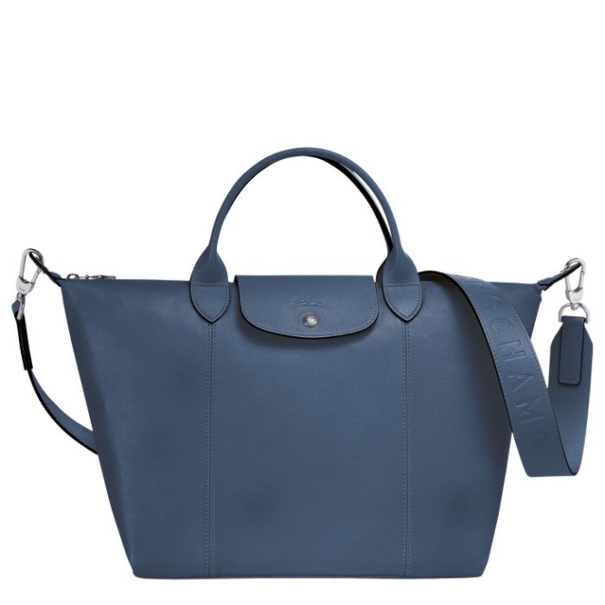 Women\'s Longchamp Le Pliage Cuir M Top-handle Bags Blue | UAE-8193PL