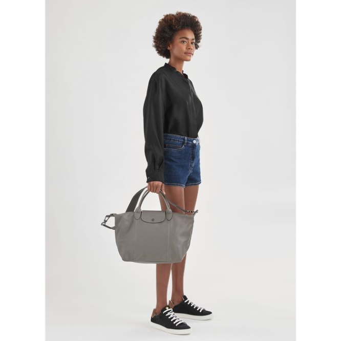 Women's Longchamp Le Pliage Cuir M Top-handle Bags Grey | UAE-9165PX