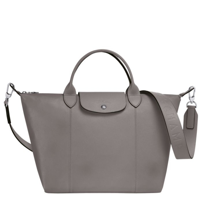 Women\'s Longchamp Le Pliage Cuir M Top-handle Bags Grey | UAE-9165PX