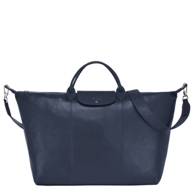 Men's Longchamp Le Pliage Cuir L Travel Bags Navy | UAE-8417KW