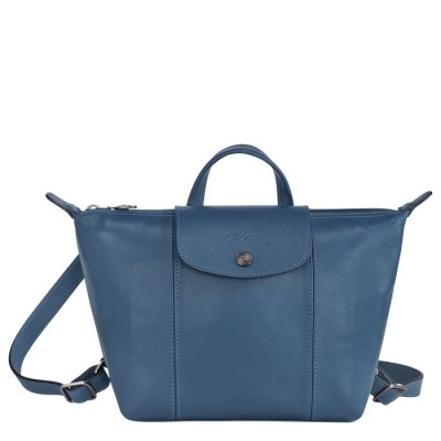 Women's Longchamp Le Pliage Cuir Backpacks Blue | UAE-3582NA