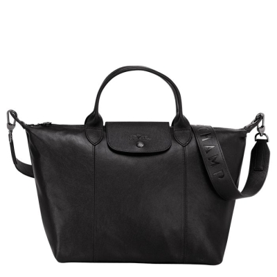 Women's Longchamp Le Pliage Cuir M Top-handle Bags Black | UAE-3895QV